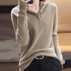 女性に大人気 カジュアル 無地 フード付き 切り替え ニットセーター