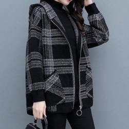 韓国風ファッション 定番 チェック柄 フード付き ゆったり 長袖 厚手 防寒 ジャケット