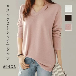 韓国風ファッション 定番シンプル Vネック スリット 無地 長袖 Tシャツ