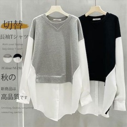 デザイン性抜群 韓国ファッション 切り替え セーター/重ね着風ニット/レディース 長袖 ニットパーカー シャツ