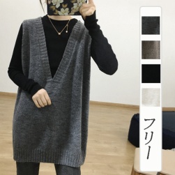 韓国風ファッション 人気 vネック ニット 無地 4色展開 ゆったり ノースリーブ バスト