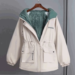 韓国風ファッション アルファベット 無地 ジッパー フード付き 裏起毛 ダウンコート・中綿コート