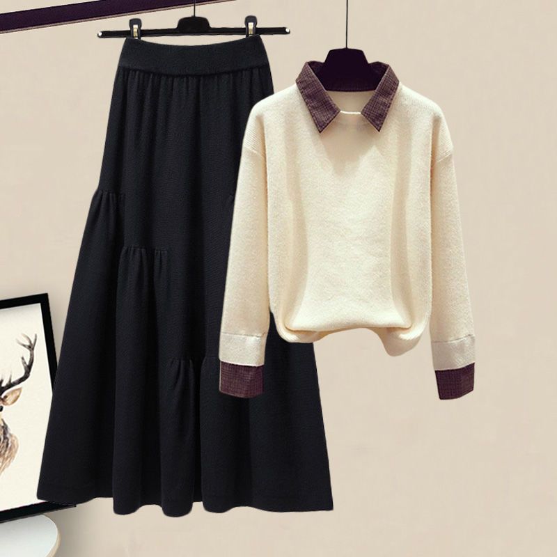 ホワイト/セーター+ブラックスカート