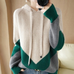 韓国風ファッション 切り替え 配色 ニット フード付き ゆったり 厚手 セーター