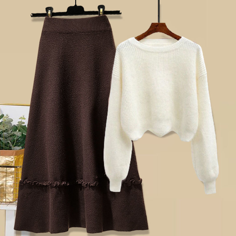 ホワイト/ニット.セーター+ブラウン/スカート