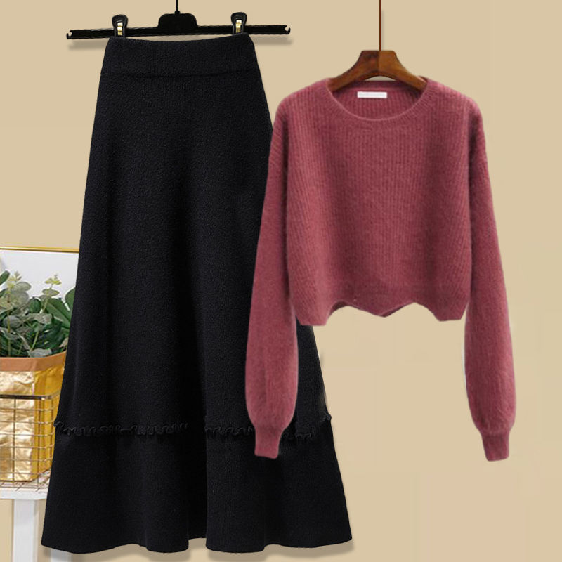 レッド/ニット.セーター+ブラック/スカート