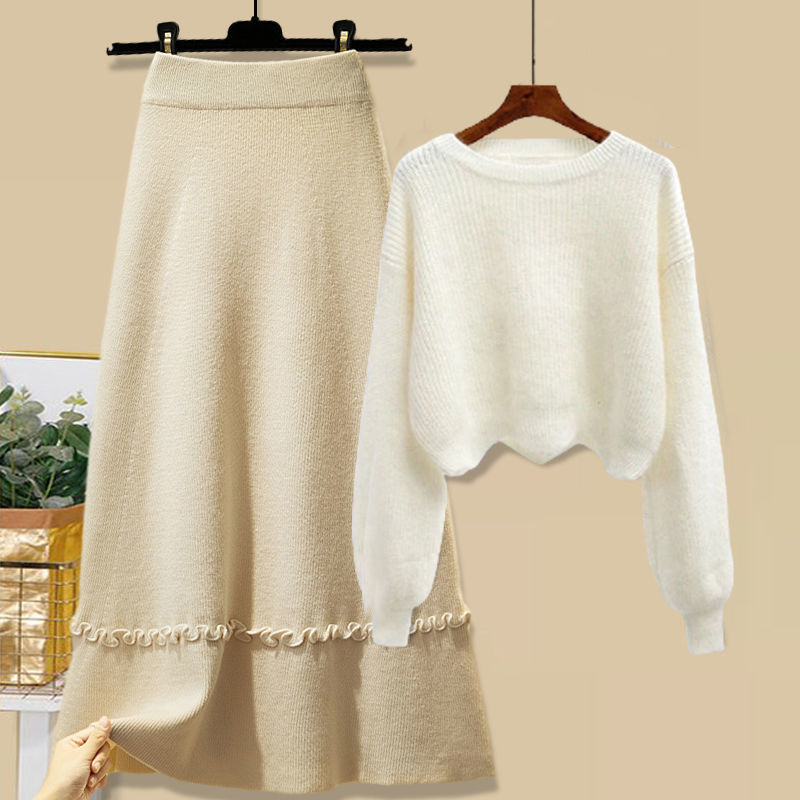 ホワイト/ニット.セーター+アプリコット/スカート