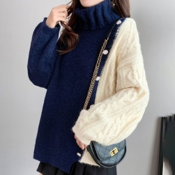韓国風ファッション シンプル 配色 体型をカバー 切り替え ハイネック ニットセーター