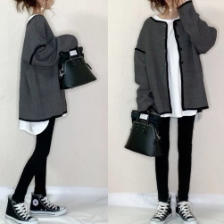 トレンドアイテム 韓流ファッション ゆったり 切り替え 配色 長袖 ボダン ラシャ 厚手 コート