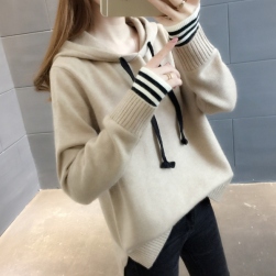 韓国風ファッション フード付き プルオーバー 配色 長袖 4色展開 レディース ニット セーター