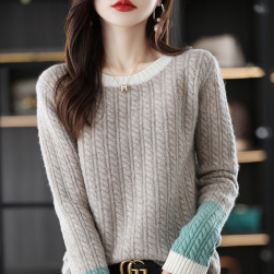 高見えデザイン ファッション長袖プルオーバー配色ニットセーター