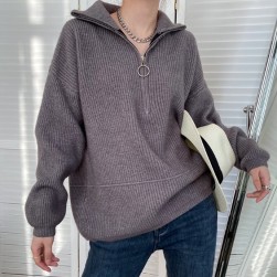 韓国風ファッション ファッション 無地 ファスナー 全3色 ハイネック ニットセーター