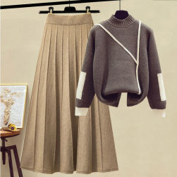 柔らかくて優しい印象 切り替え ハーフネック セーター+無地 Aライン スカート セット
