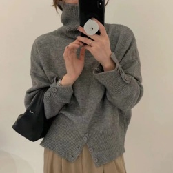 韓国風ファッション デザイン性抜群 ハイネック 無地 体型をカバー スリット ボタン ニットセーター