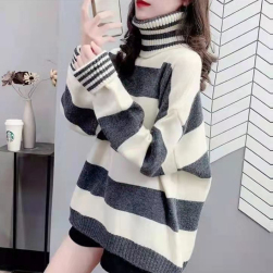 韓国風ファッション ハイネック 韓国系 スリット 配色 ボーダー セーター