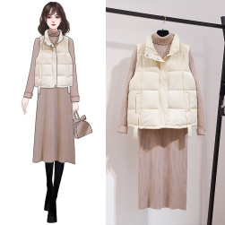 【単品注文】こだわりデザイン 韓国風ファッション シンプル 高級感 無地 ベスト + ニット ワンピース 2点セットアップ