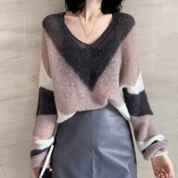 韓国風ファッション 配色 プルオーバー Vネック 長袖 セーター