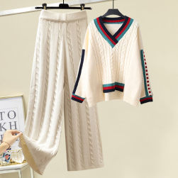 【単品売り】おしゃれ度高め シンプル 配色 Vネック セーター+ワイドパンツ レディース セットアップ