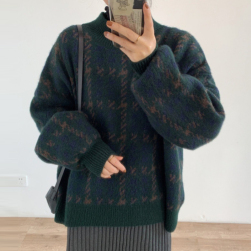 韓国風ファッション チェック柄 2色 ラウンドネック 切り替え ニットセーター