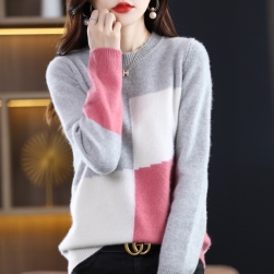 絶対可愛い スタイルアップ 柔軟加工 配色 ラウンドネック プルオーバー ニットセーター