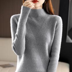 女性魅力満載 シンプル 切り替え ぴったりしたサイズ感 ハーフネック 長袖 ニットセーター