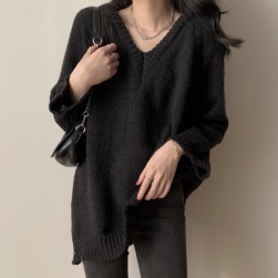 韓国風ファッション フェミニン 清新 無地 体型をカバー 大きめのサイズ感 プルオーバー ニットセーター