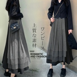 韓国風ファッション スウィート 無地 折り襟 アウター+大人可愛いAライン メッシュ 切り替え ワンピース二点セット