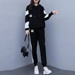 韓国風ファッション フード付き 配色 カジュアル プルオーバー パーカー+ハイウエスト パンツ 二点セット