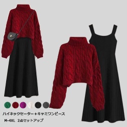 韓国風ファッション シンプル ハイネックセーター＋aライン スカート 2点セットアップ
