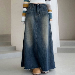 韓国風ファッション シンプル エイジング加工 デニム風 レディース スカート