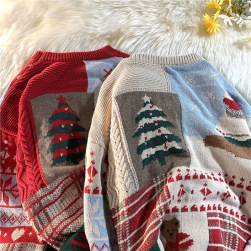 【男女兼用】秋と冬のレトロなクリスマス クマ ラウンド ネック セーター男性と女性のためのゆるい怠惰な風のカップル セーター