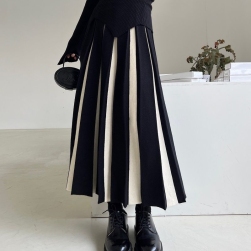 上品な可愛さ 韓国系 ファッション ニット 切り替え ハイウエストロング Aライン 秋冬 配色 スカート