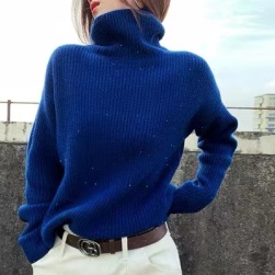 韓国風ファッション 全4色無地ハイネックラメ入りニットセーター