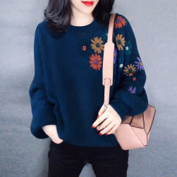 可愛いデザイン 絶対欲しい シンプル 切り替え ラウンドネック花模様 刺繍 ニットセーター