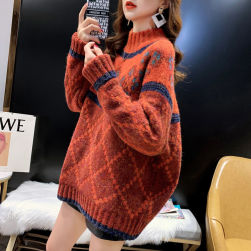韓国で人気爆発 シンプル 幾何模様 配色 ラウンドネック 切り替えニットセーター