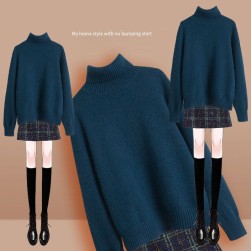 韓国風ファッション シンプル ハイネック セーター + チェック柄 スカート 二点セット