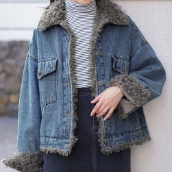 韓国風ファッションシンプル ファッション 配色 ボタン 折り襟 裏起毛 デニム コート