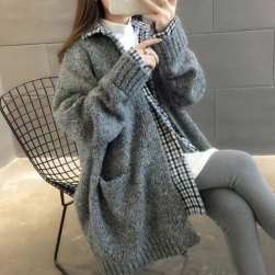 韓国風ファッション シンプル 無地 体型をカバー シングルブレスト カーディガン