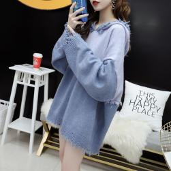 2色 韓国風ファッション 配色 体型をカバー お家コーデ 切り替え フード付き ニット セーター