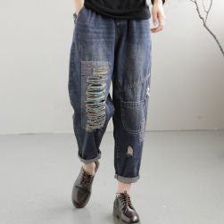 流行の予感 ファッション ダメージ加工 ポケット付き ウエストゴム レディースデニムパンツ