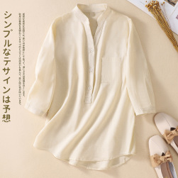 柔らかくて優しい印象 個性的なデザイン シンプル 無地 七分袖 綿麻 スタンドネック 全4色 シャツ