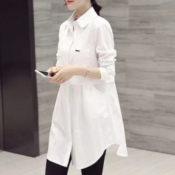 超人気 韓国ファッション トップス 体型カバー 折り襟 ロング 着痩せ シャツ