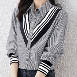 流行の予感 ファッション ストライプ柄 混色 シングルブレスト 長袖シャツ