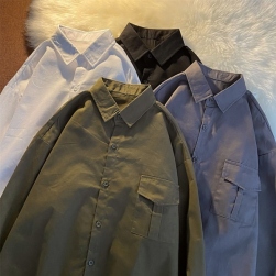 4色展開 シンプル 日常 簡約 カジュアル 折り襟 無地 シングルブレスト 長袖 レディース シャツ