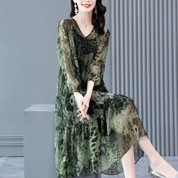 花柄ドレス 高貴な女性フレンチ スカート レトロ スタイル グリーン ヒョウ シフォンシフォンワンピース