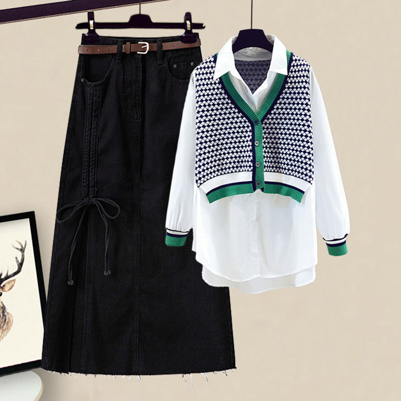 グリーン/トップス+ブラック/スカート