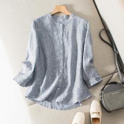 韓国風 立ち襟 ファッション リネン カジュアル 七分袖 シャツ