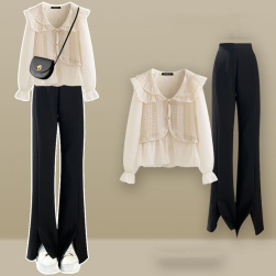 韓国風ファッション 大きいサイズ カジュアル レイヤード ブラウス+ スリット パンツ 2点セット