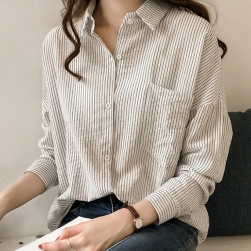 3色展開 気質アップ 韓国風ファッション ストライプ柄 大きめのサイズ 折り襟 シャツ