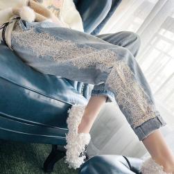 韓国ファッションハイウエストワイドジーンズ新型デニム切替レースカジュアルパンツ